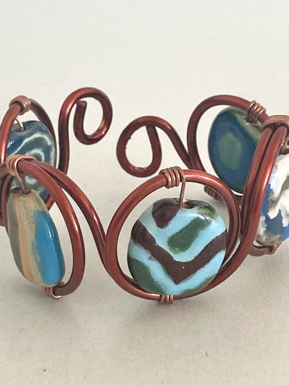 Handcrafted Copper tone Wire preloved Bracelet with Blue Green Ceramic Beads